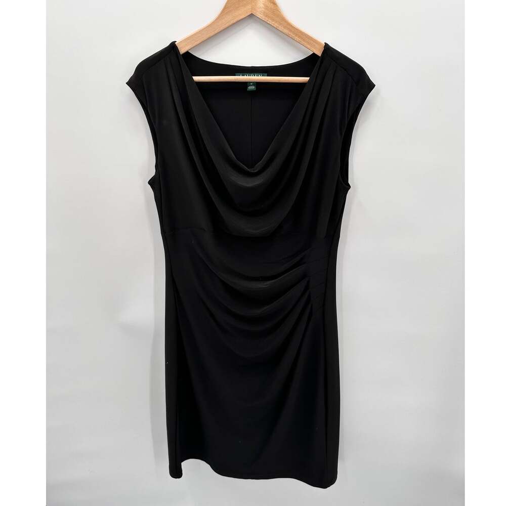 LAUREN RALPH LAUREN Stretch Jersey Black Drape Neck Cap Sleeve Dress // 14